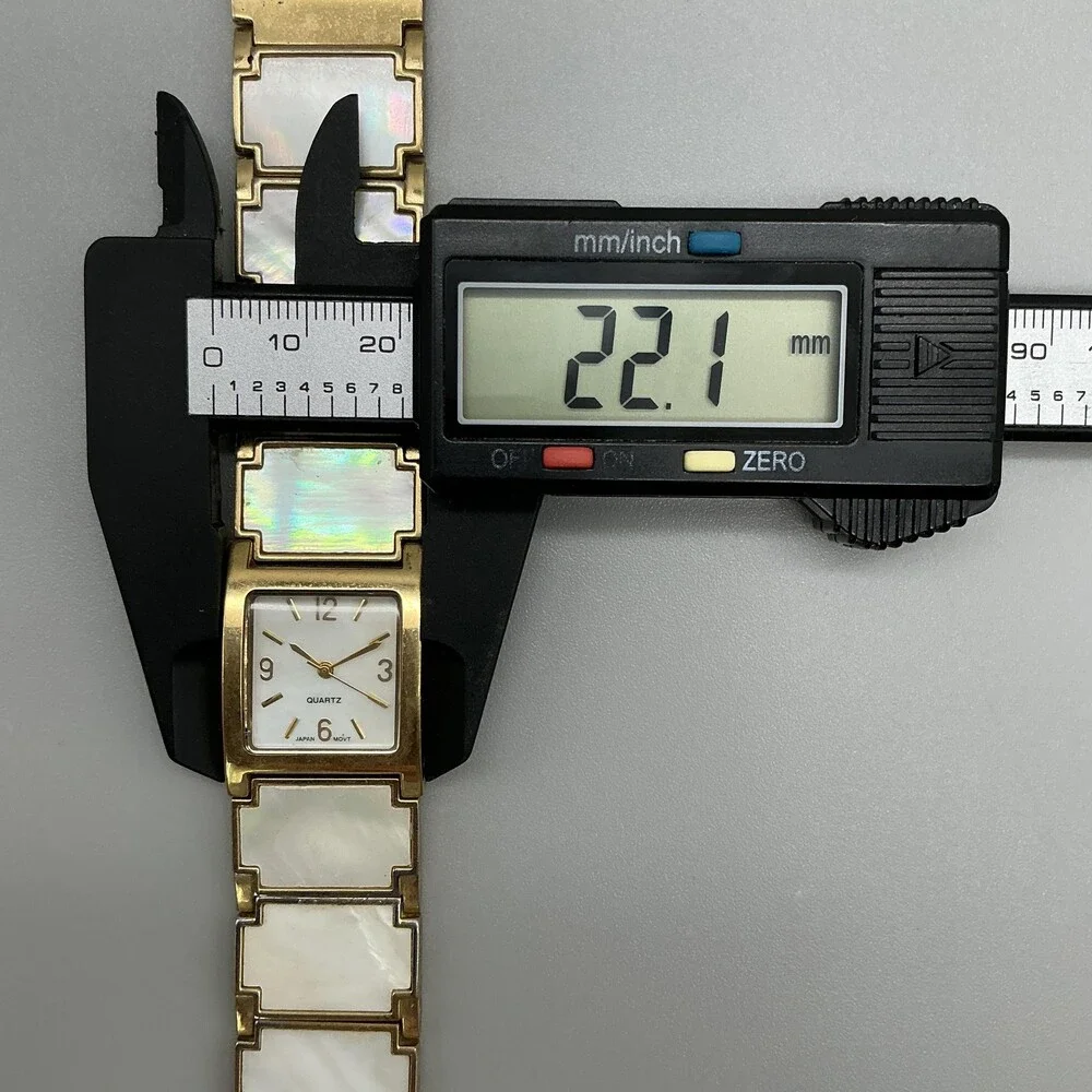 Mother of Pearl Inlay Band Womens Watch 22mm Gold Tone Square New Battery 6.5